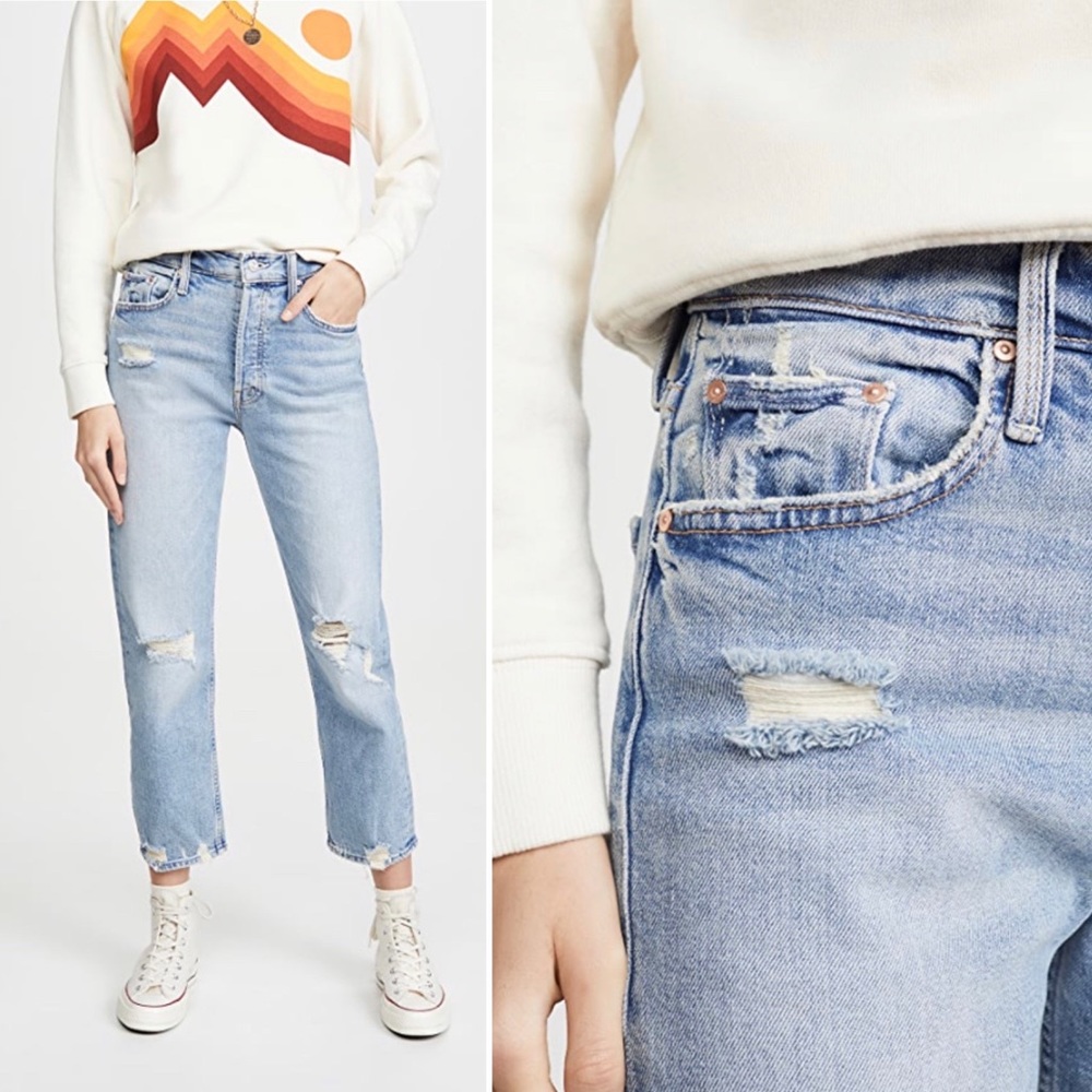 Mother The Tomcat High Rise Straight Jeans Pant Denim Blue Distressed Ankle Soft